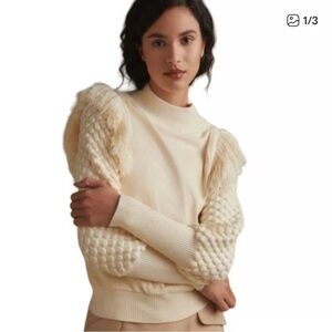Anthropologie Cream Textured Puff-Sleeve Women's Sweater